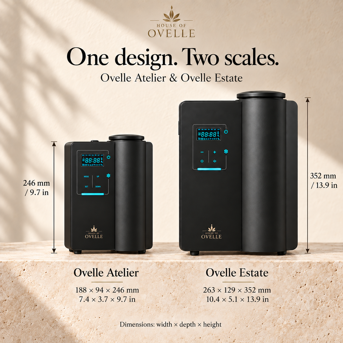 Ovelle Atelier and Estate size comparison: Atelier 188 x 94 x 246 mm (7.4 x 3.7 x 9.7 in); Estate 263 x 129 x 352 mm (10.4 x 5.1 x 13.9 in). Dimensions are width x depth x height.