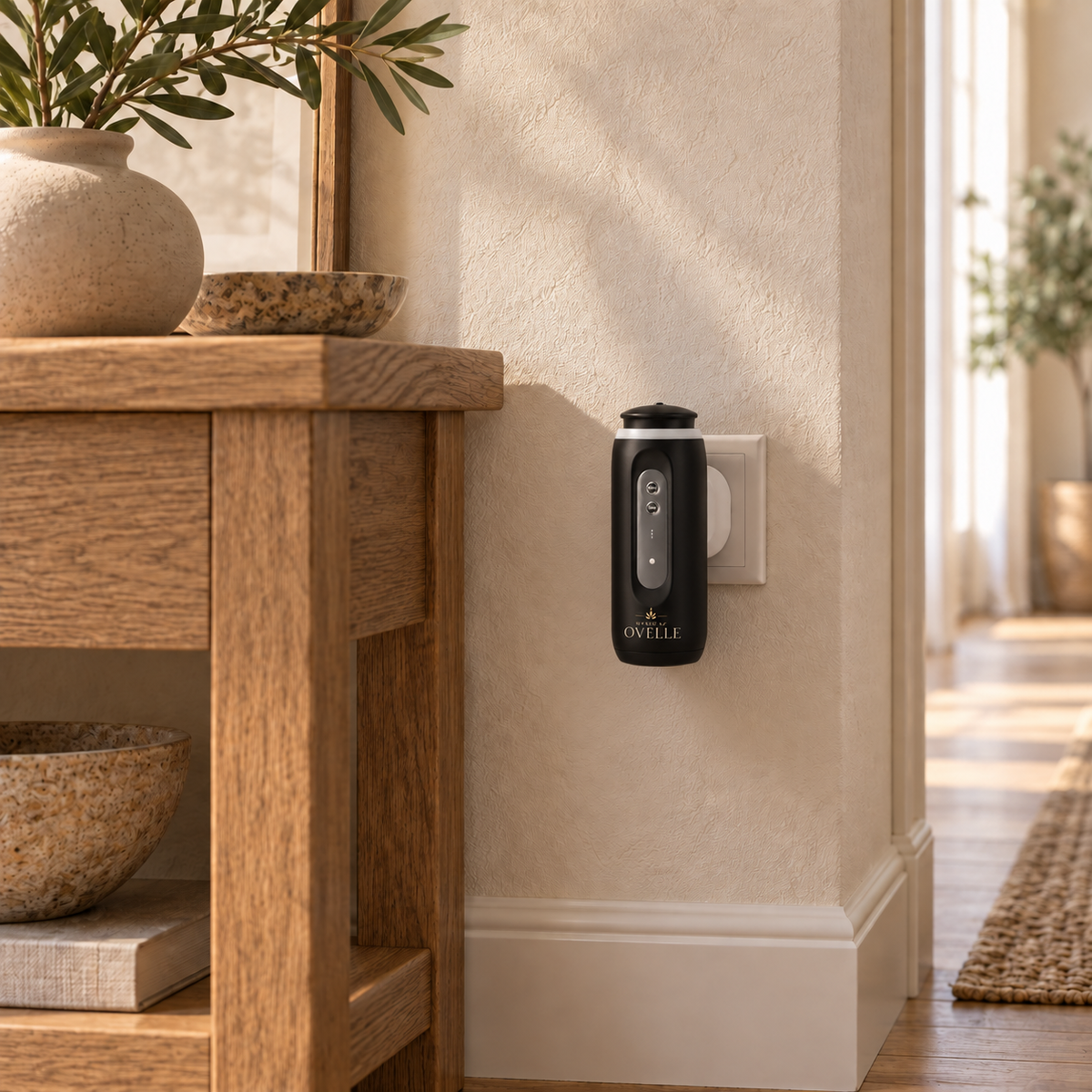 Ovelle Halo in matte black plugged in beside an oak console in a hallway