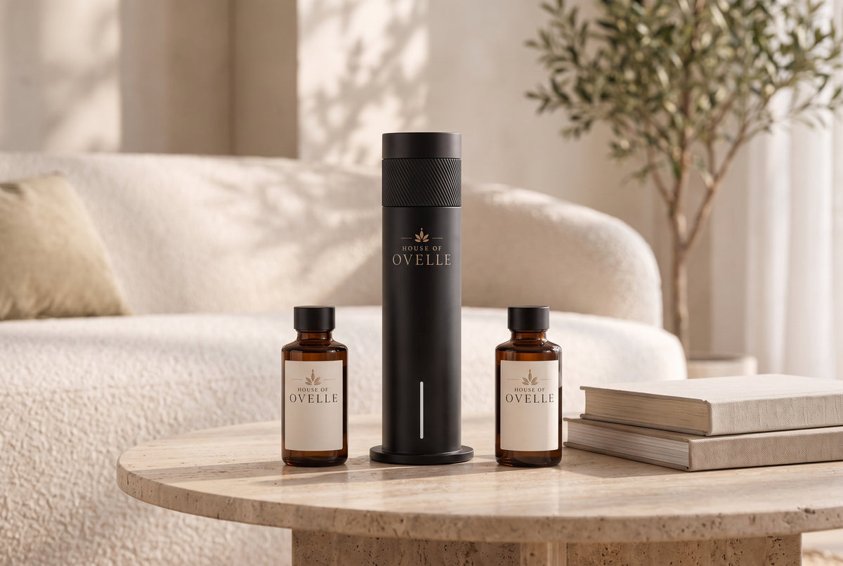 Ovelle Air and two fragrance oils on a living-room coffee table