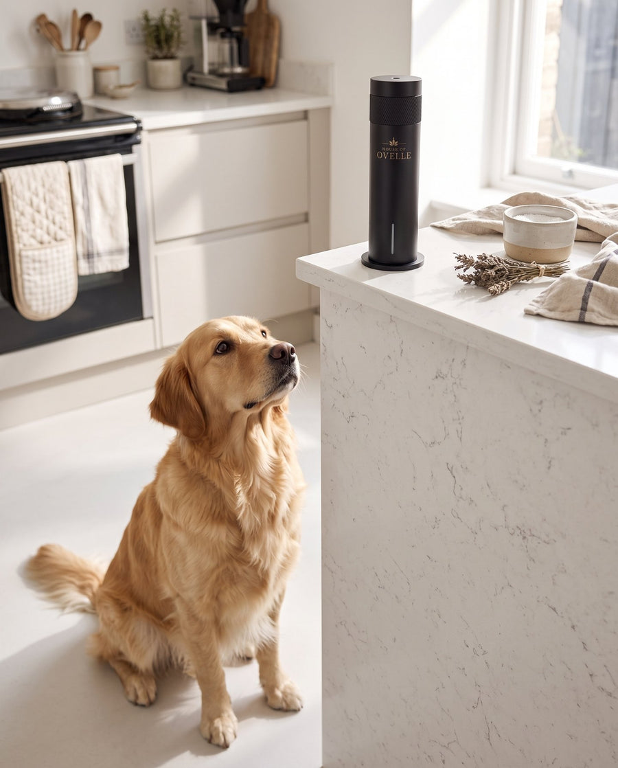 Golden Retriever in the kitchen, Ovelle Air on the counter at home