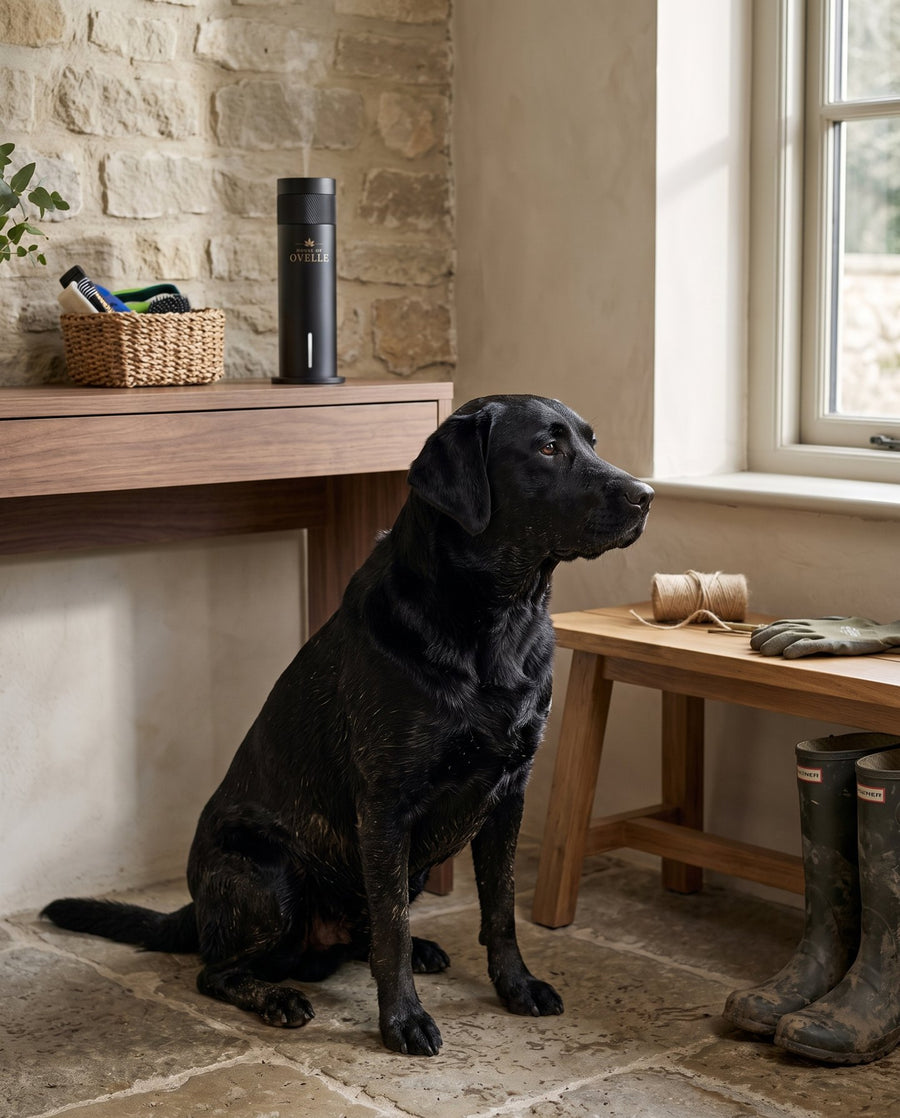 Black Labrador in the mudroom, Ovelle Air on the shelf at home