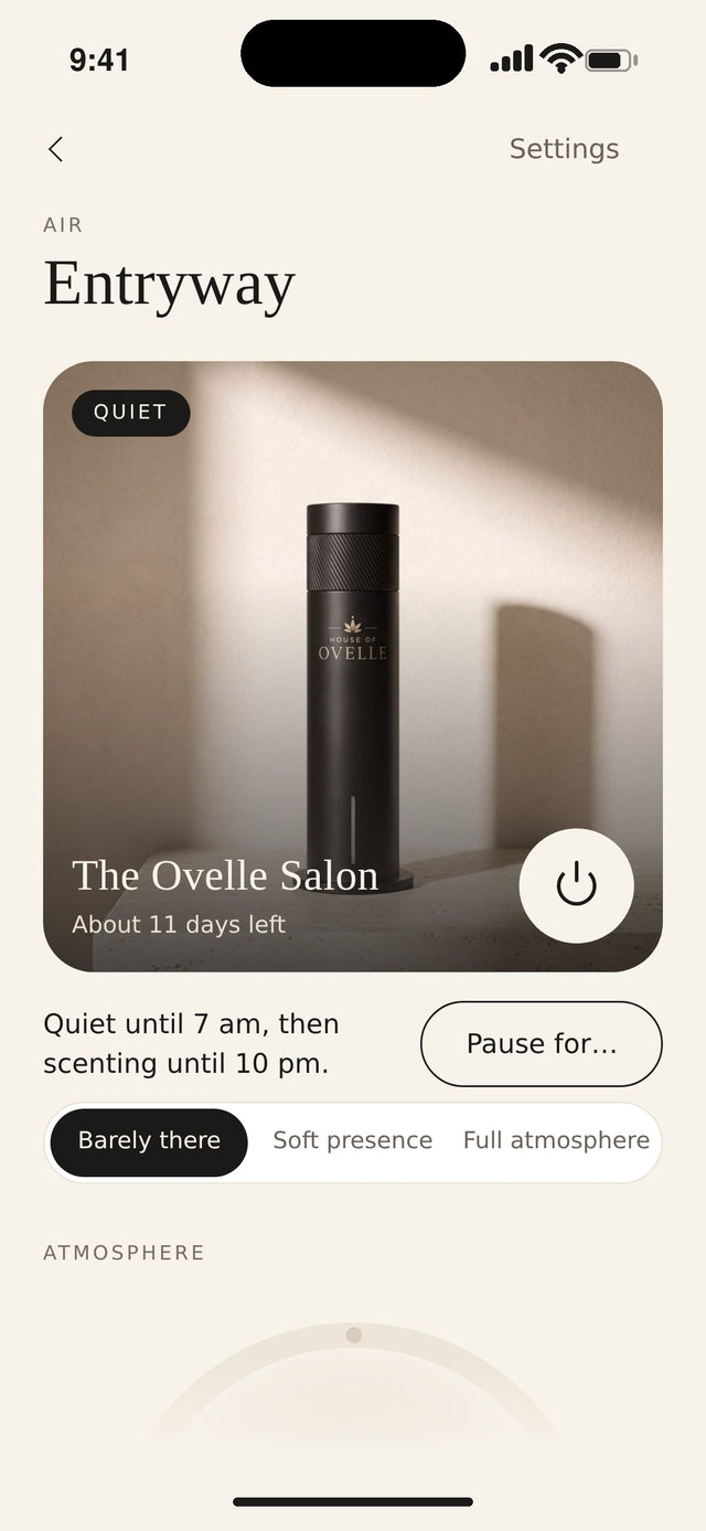 The House of Ovelle app controlling an Ovelle Air in the entryway - schedule, intensity and oil level