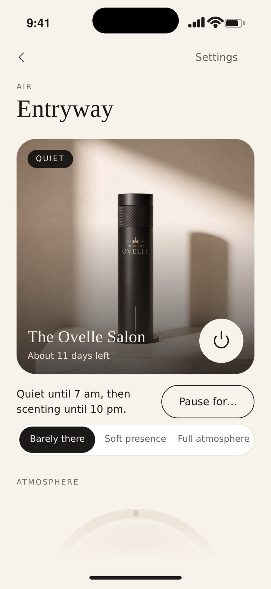 The House of Ovelle app controlling an Ovelle Air in the entryway - schedule, intensity and oil level
