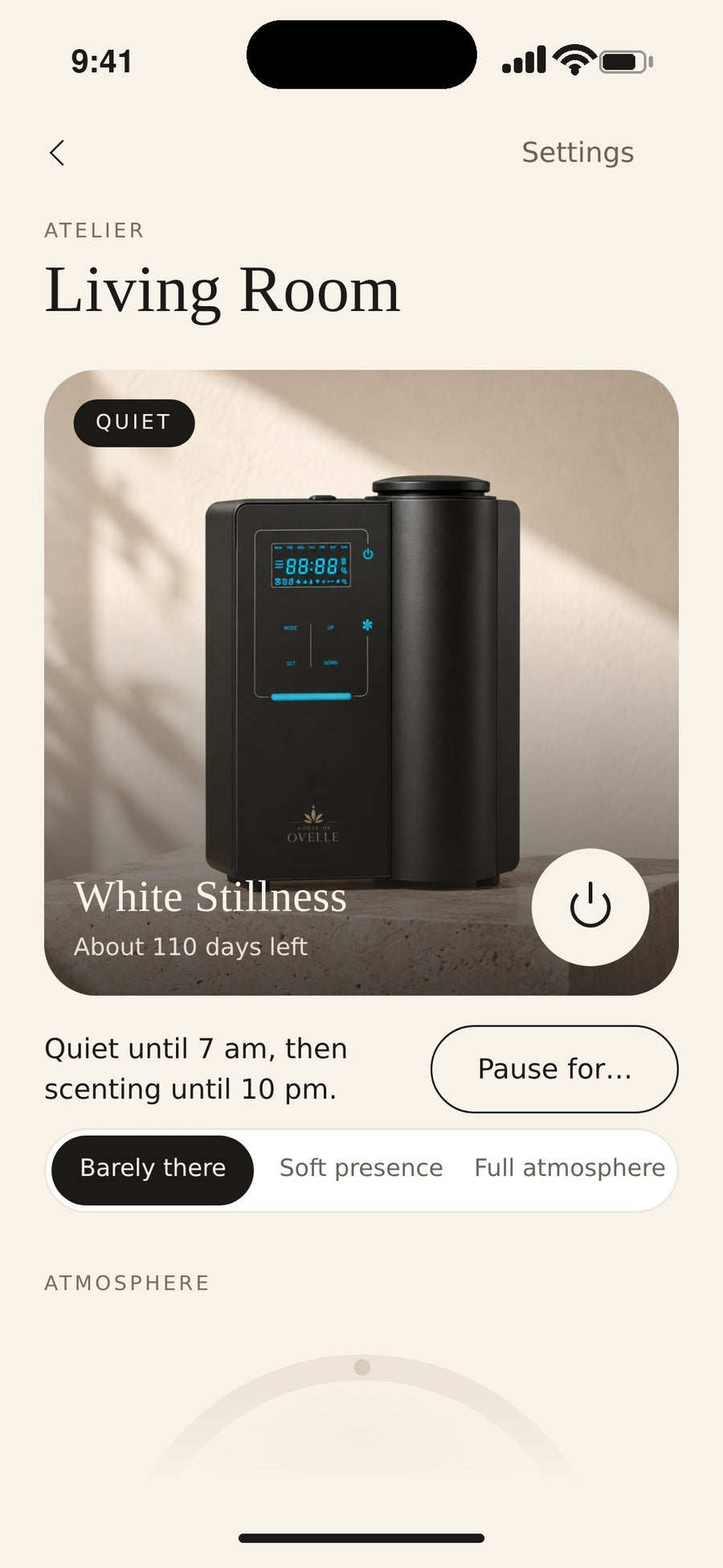 The House of Ovelle app controlling an Ovelle Atelier in the living room - schedule, intensity and oil level