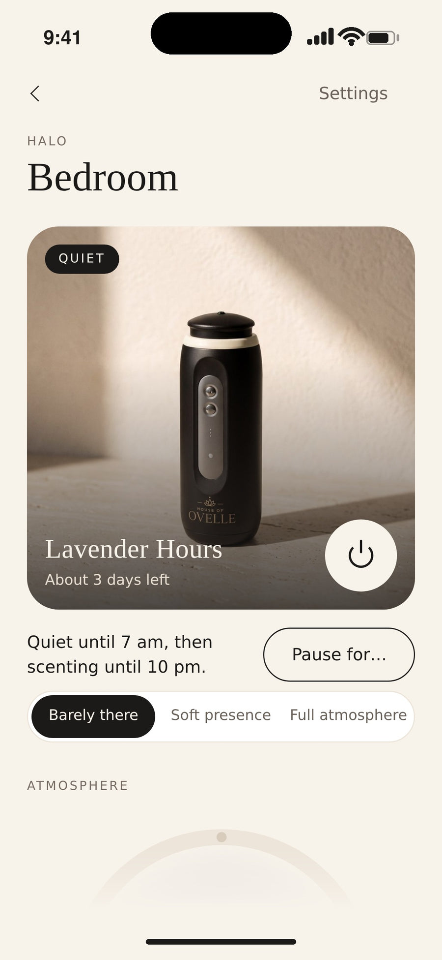 The House of Ovelle app controlling an Ovelle Halo in the bedroom - schedule, intensity and oil level