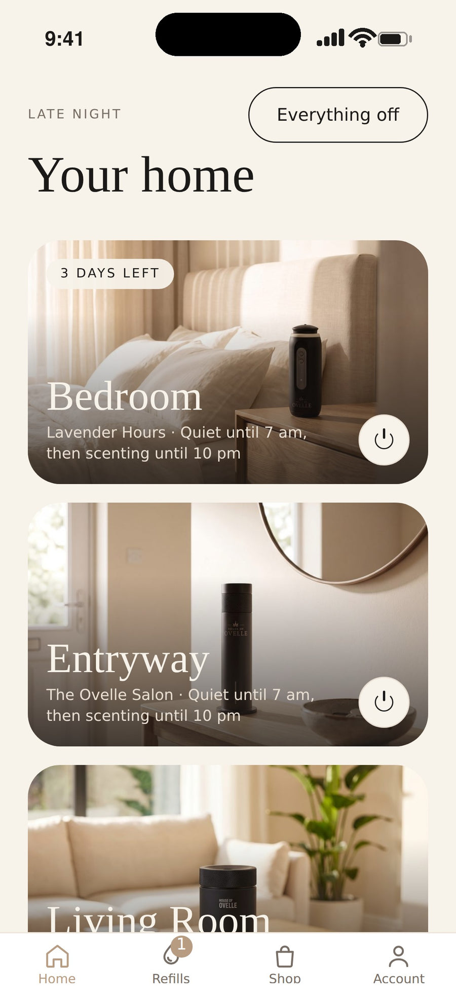 The House of Ovelle app on an iPhone, showing the Your Home screen with a scented room for the bedroom, entryway and living room