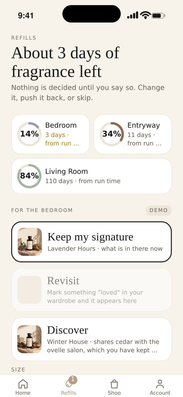 The House of Ovelle app showing fragrance oil levels remaining in each room and a suggested refill