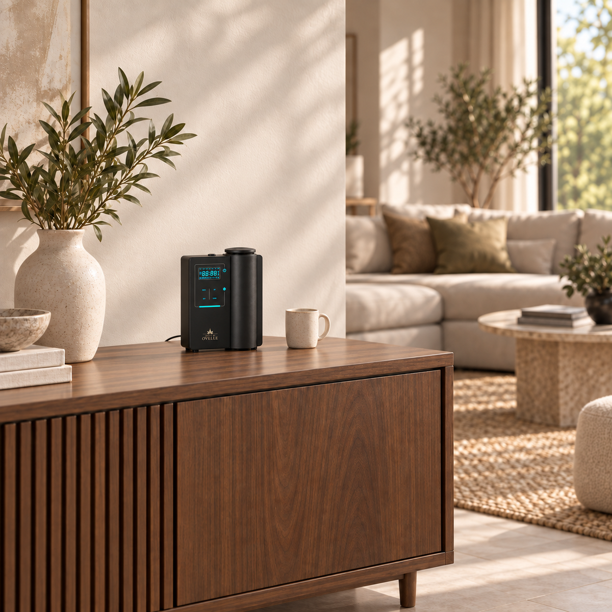 Ovelle Atelier, 246 mm (9.7 in) tall, illustrated on a walnut sideboard in a warm living room.