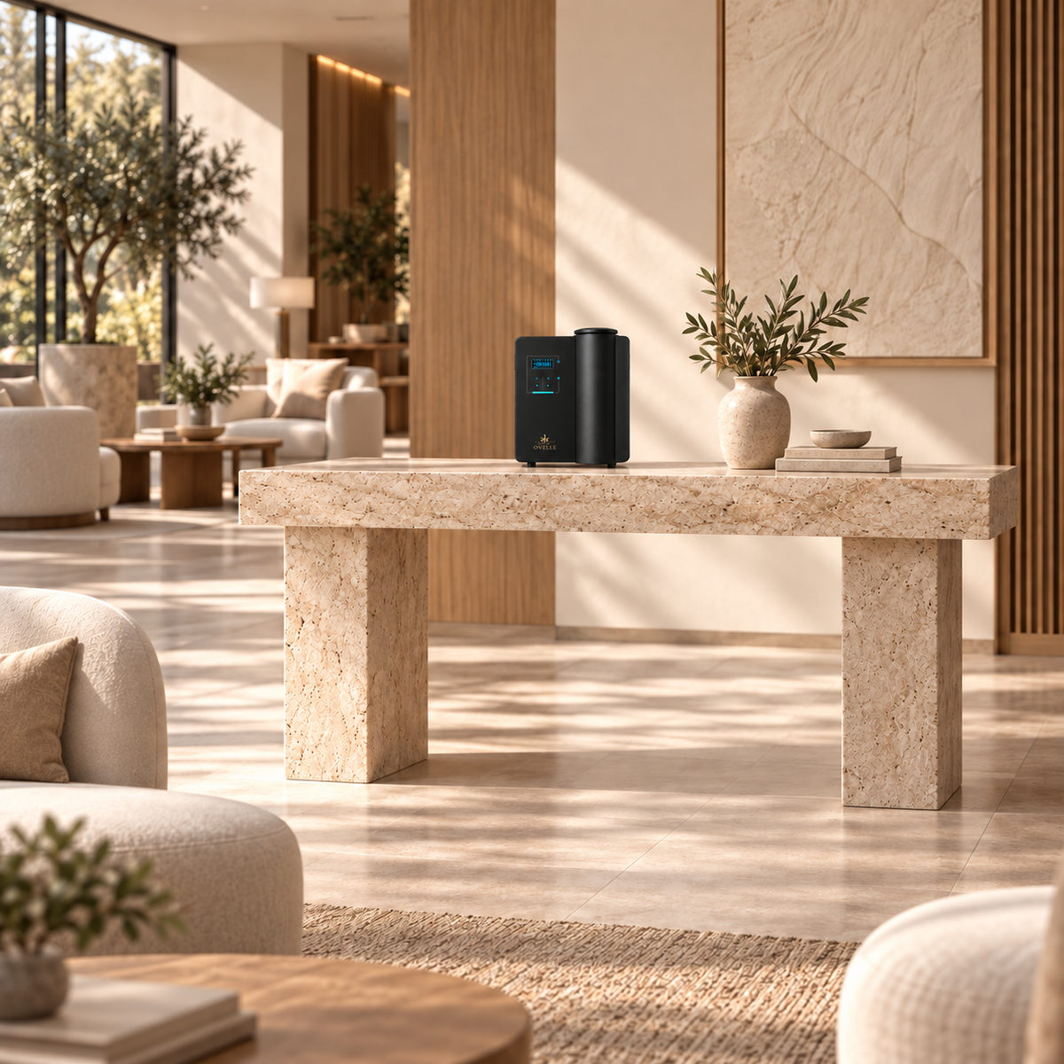Ovelle Estate, 352 mm (13.9 in) tall, illustrated on a travertine console in a spacious lounge.