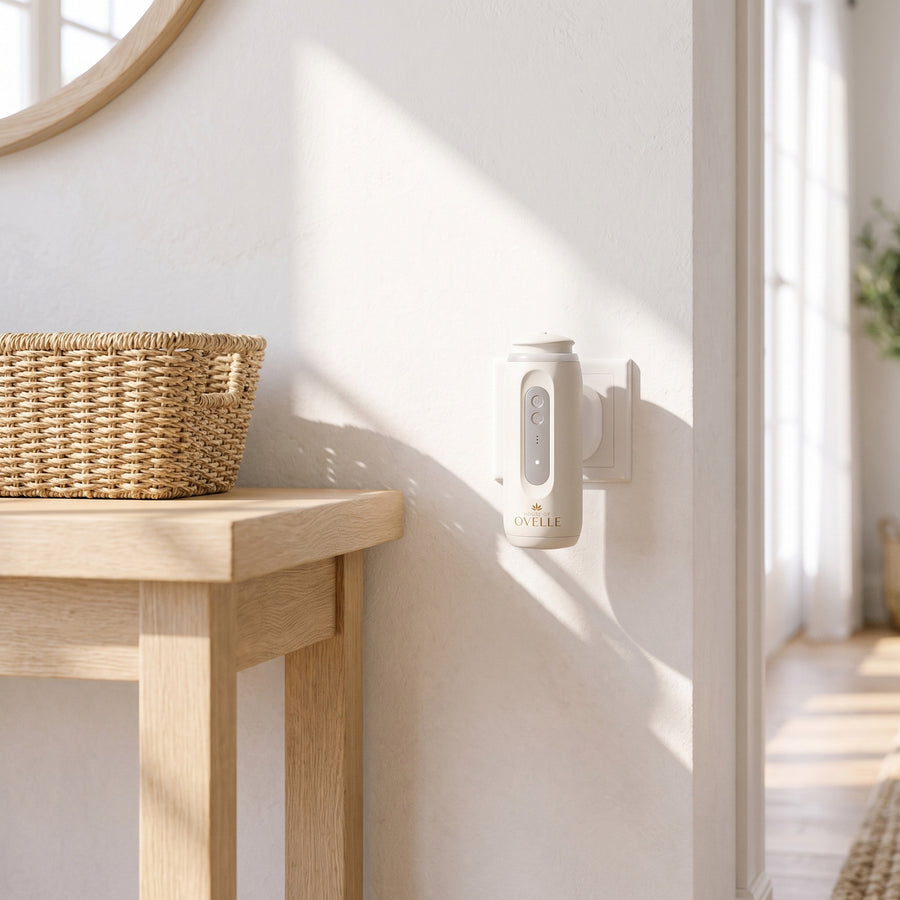 Ovelle Halo in matte white plugged in beside an oak console in a bright hallway at home