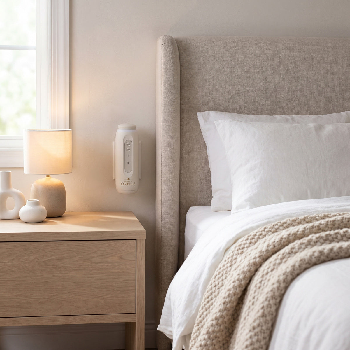 Ovelle Halo in matte white plugged in beside a bed in a white bedroom