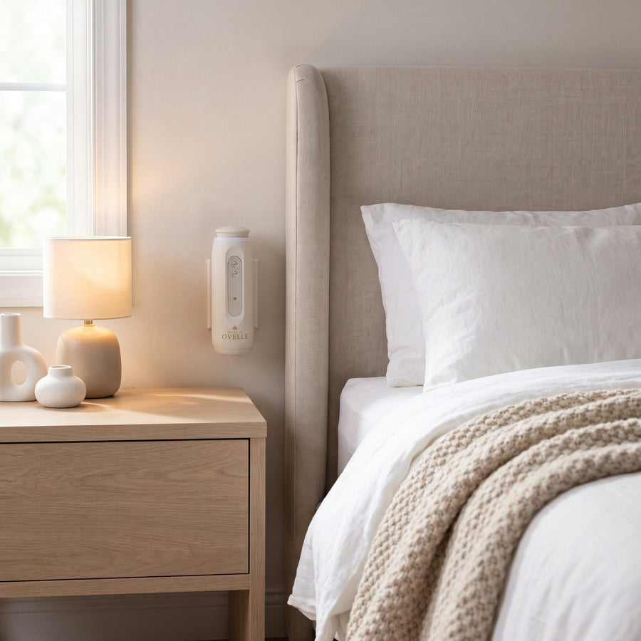 Ovelle Halo in matte white plugged in beside a bed in a white bedroom at home