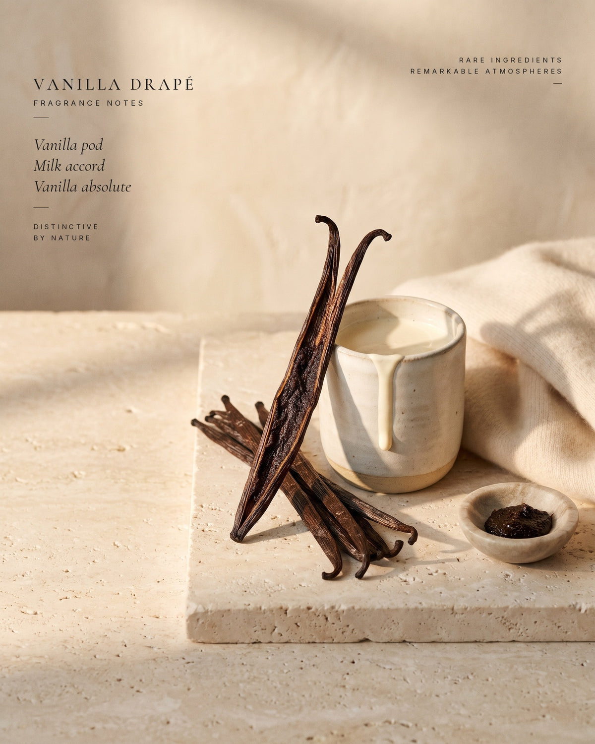 Vanilla Drapé fragrance notes — ingredients still life